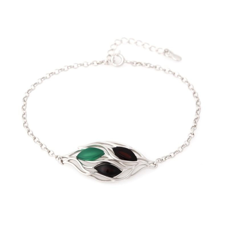 Bratara cu chihlimbar si agat verde, din argint 925 rodiu, lungime 17+ 3 cm