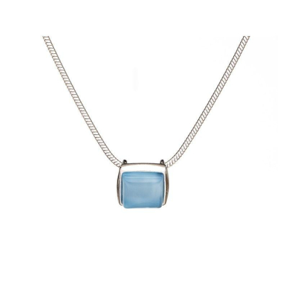 사각 틴트 블루 마노 목걸이, 로듐 도금 실버 925, 길이 42 + 3 cm