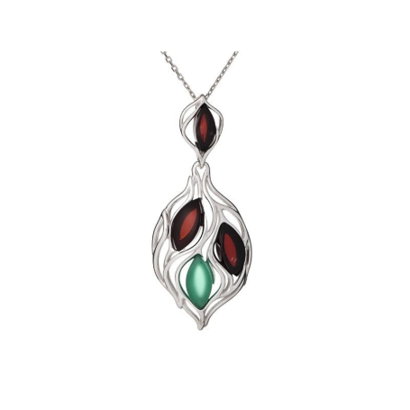 Pendentif avec ambre et agate verte, en argent rhodié 925, hauteur 4,3 cm