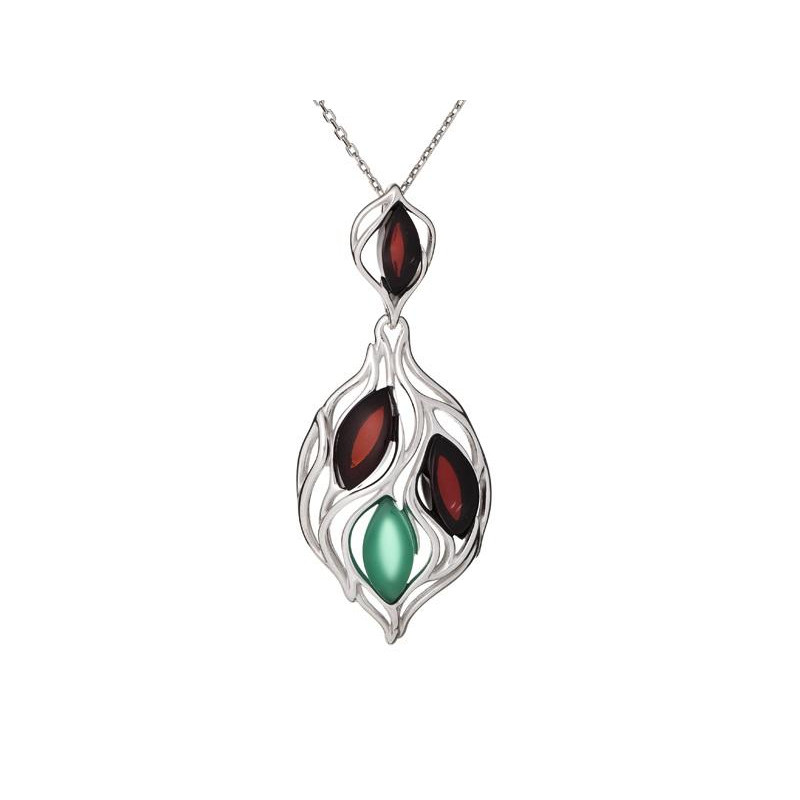 Ciondolo con ambra e agata verde, in argento 925 rodiato, altezza 4,3 cm