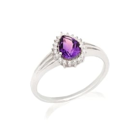 Anello con ametista e ossido di zirconio, in argento 925 rodiato