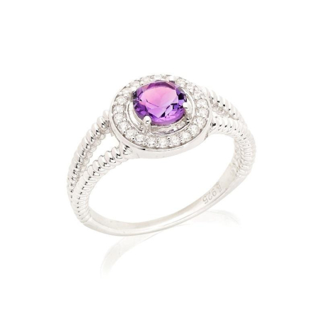 Ring met amethist en zirkoniumoxide, in gerhodineerd zilver 925