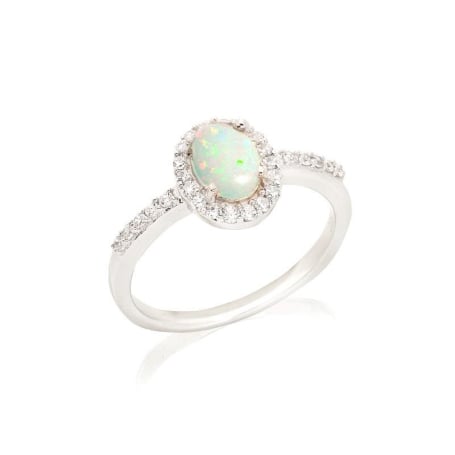 Opal ve zirkonyum oksitli oval yüzük, 925 rodyum kaplama gümüş