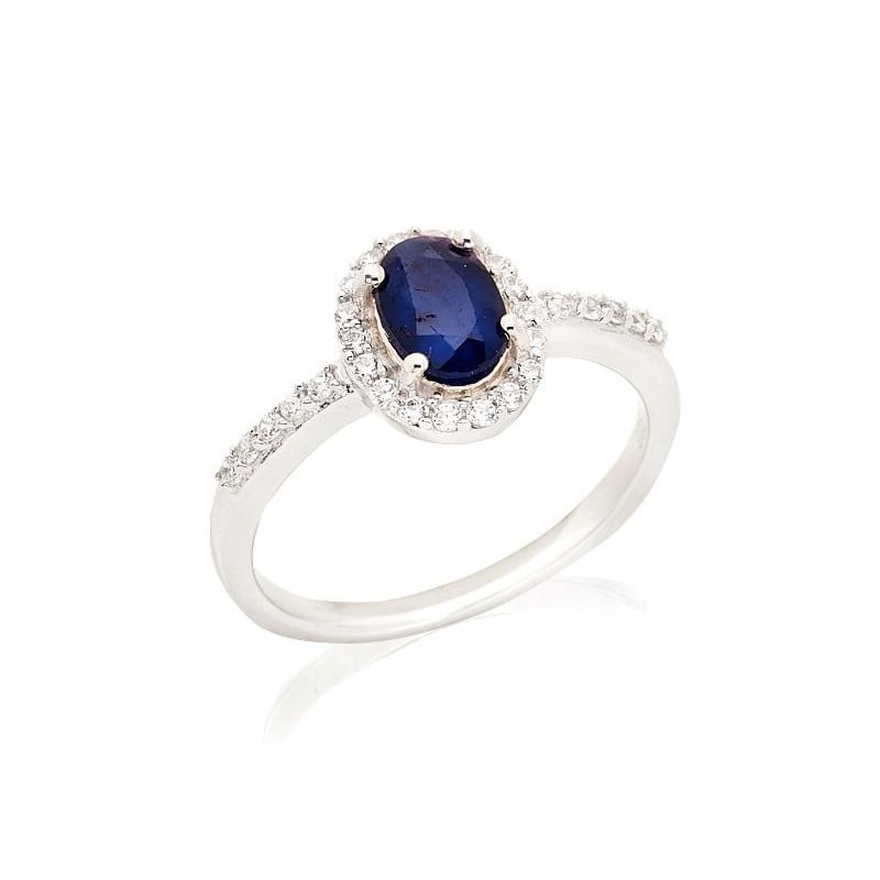 Bague ovale avec saphir et oxyde de zirconium, en argent rhodié 925