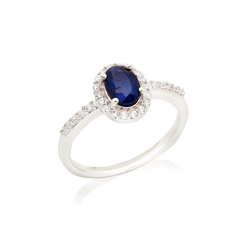 Inel oval cu safir și oxid de zirconiu, din argint 925 placat cu rodiu