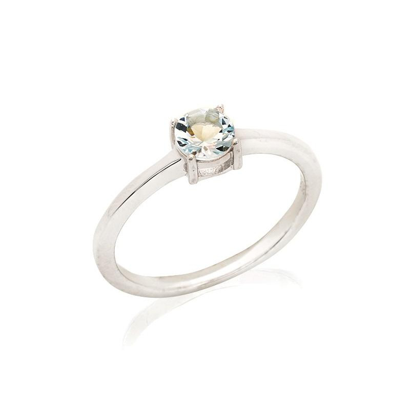 Ronde ring met ronde natuurlijke blauwe aquamarijn, in gerhodineerd zilver 925