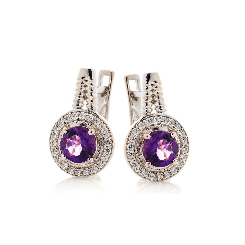 Boucles d'oreilles avec améthyste et oxyde de zirconium, en argent rhodié 925