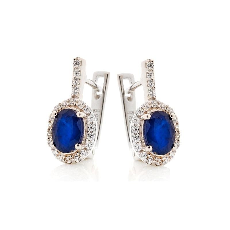Safir ve zirkonyum oksitli, rodyum kaplama gümüş sallantılı küpe