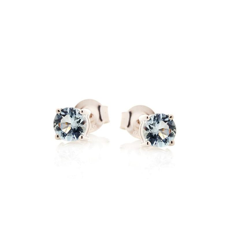 Clous d'oreilles rond avec aigue-marine bleue naturelle, en argent rhodié 925