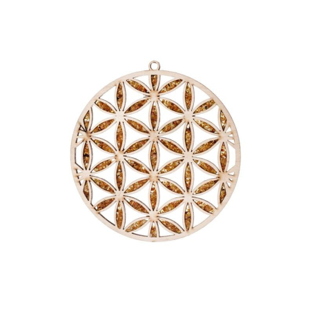 Plaque de rechargement et déco fleur de vie en bouleau et en ambre, 11 cm