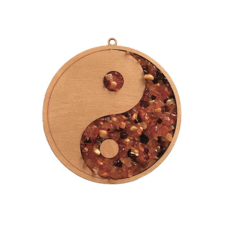 Huş ağacı ve kehribardan şarj plakası ve yin ve yang dekorasyonu, 11 cm