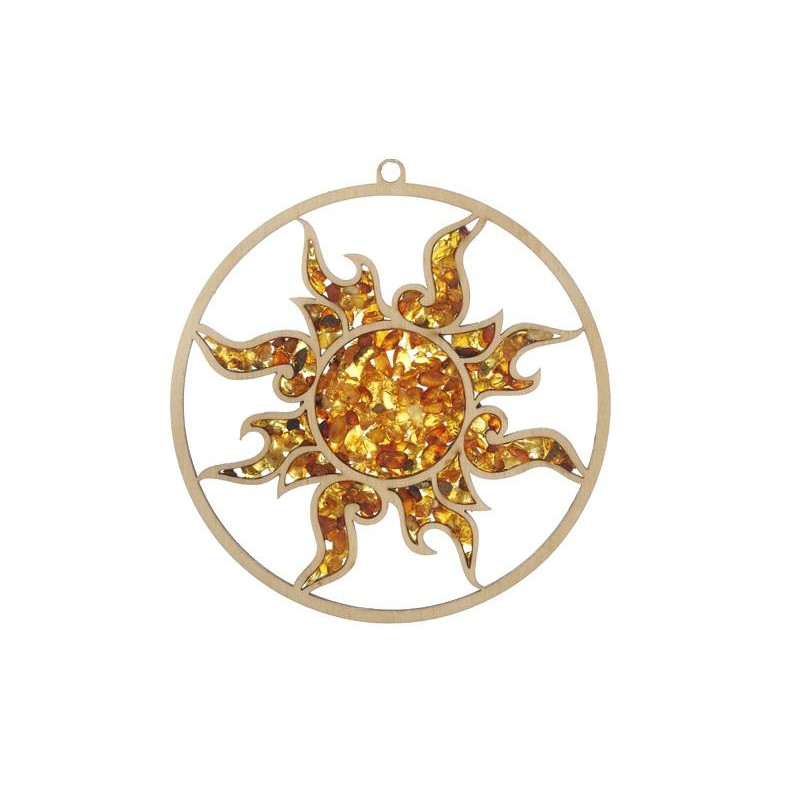 Plaque de rechargement et décoration soleil en bouleau et ambre, diamètre 11 cm