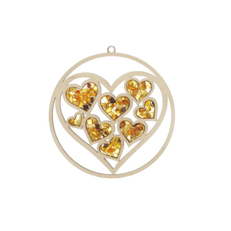 Plaque de rechargement et décoration coeur en bouleau et en ambre, 11 cm