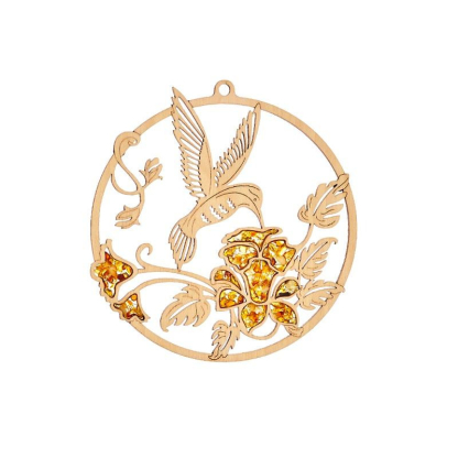 Decoración de colibrí con ámbar del Báltico y madera de abedul