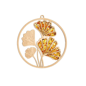 Décoration en forme de ginkgo avec ambre de la mer Baltique et bois de bouleau