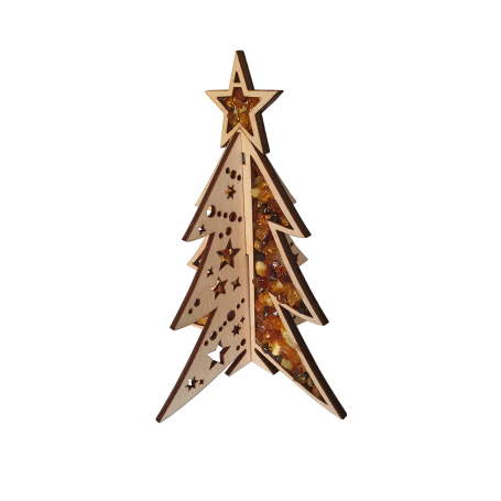 Décoration sapin en bouleau et en ambre, 13.5x11 cm