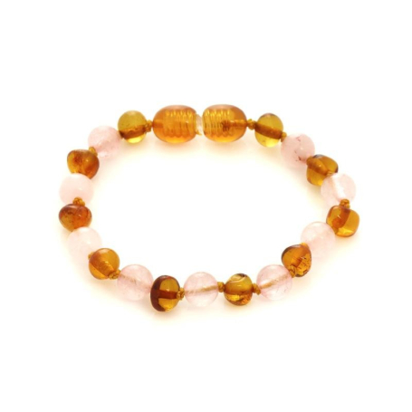 Bracelet bébé avec ambre et quartz rose, fermoir vis, longueur 12-13 cm