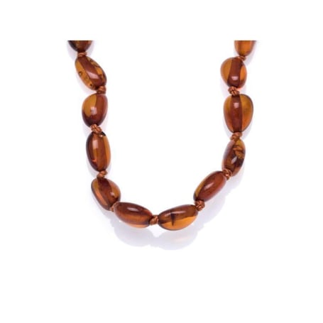 Babyketting met olijf-cognac-amber, clipsluiting, lengte 32 - 33 cm
