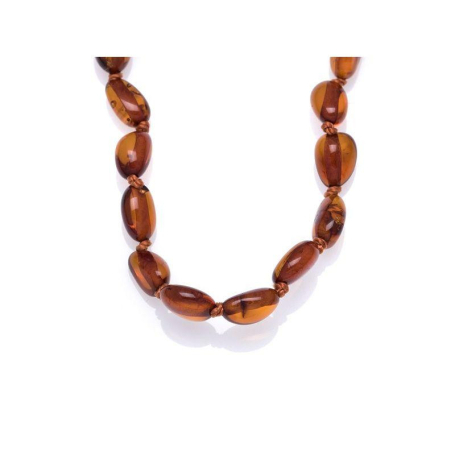 Collier bébé avec ambre cognac olive, fermoir clip, longueur 32 - 33 cm