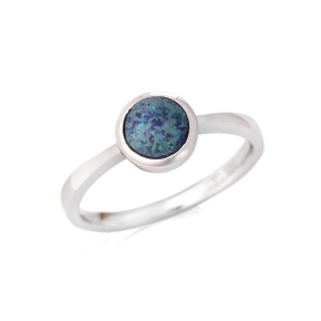 Bague avec opale bleue doublet d'Australie ronde, en argent rhodié 925