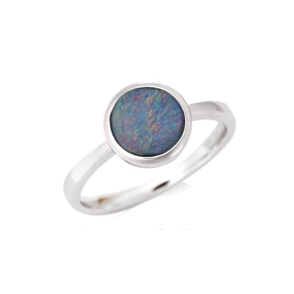 Inel cu opal albastru dublu australian rotund, din argint 925 placat cu rodiu