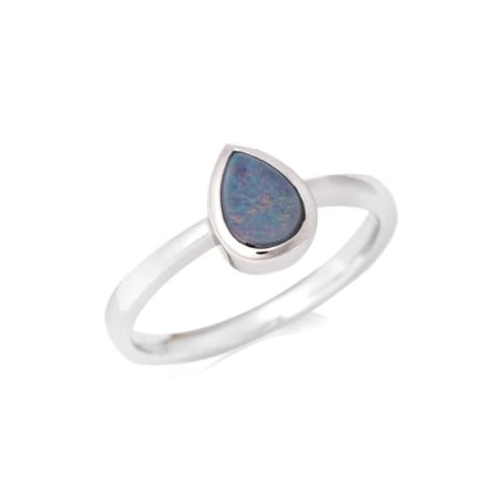 Inel cu picătură de opal albastru australian dublet, din argint 925 placat cu rodiu