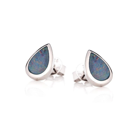 Clous d'oreilles avec opale bleue doublet goutte, en argent rhodié 925