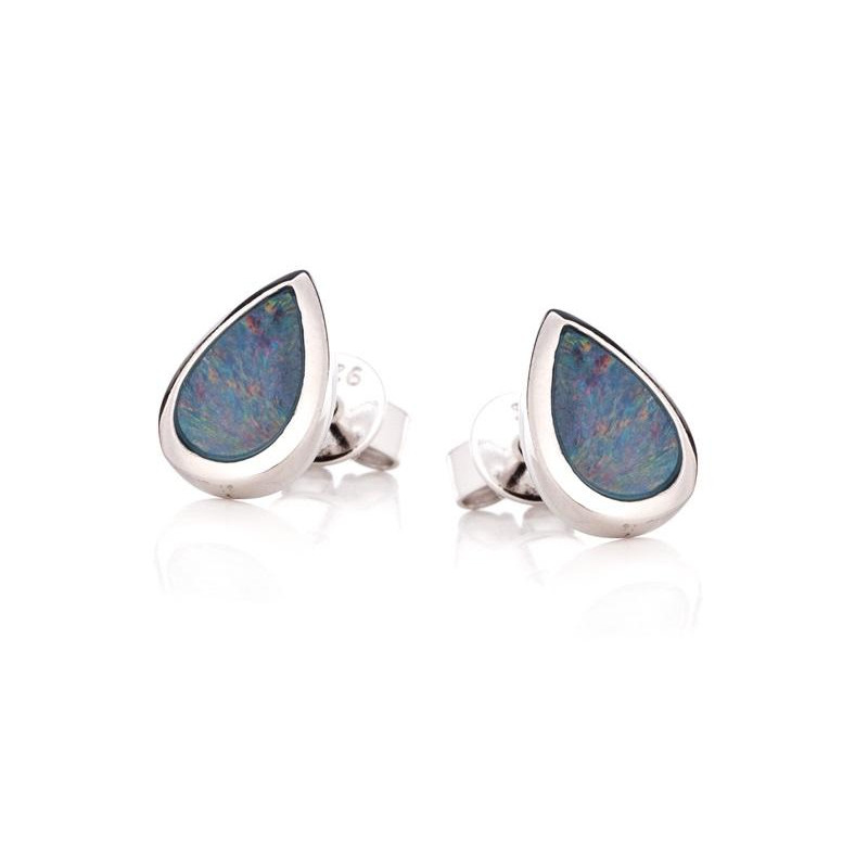 Ohrstecker mit blauem Opal-Dublette-Tropfen, aus rhodiniertem Silber 925