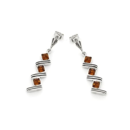 Orecchini pendenti con ambra naturale cognac, in argento 925 rodiato