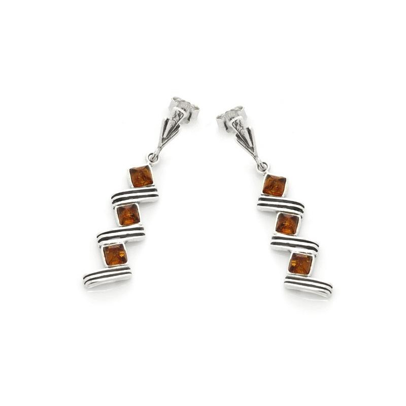 Dangle earrings with natural cognac amber, in 925 rhodium silver