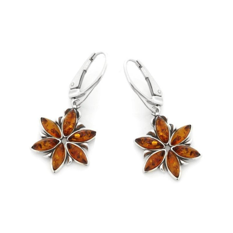 Boucles d'oreilles fleur avec ambre cognac naturel, en argent rhodié 925