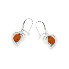 Hartvormige oorbellen met natuurlijk cognac-amber, in gerhodineerd zilver 925