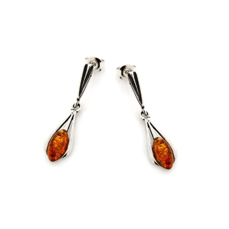 Dangle earrings with natural oval cognac amber, 925 antique silver