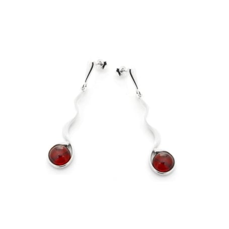 Long earrings with round natural cognac amber, in 925 rhodium silver
