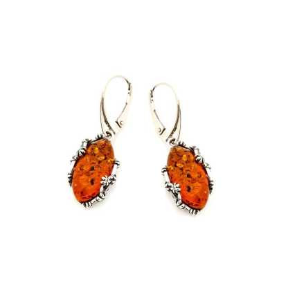 Boucles d'oreilles pendantes avec ambre cognac naturel ovale, argent vieilli 925