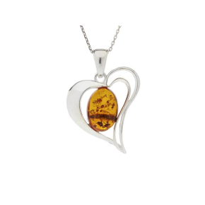 Pandantiv inimă cu chihlimbar cognac oval, din argint placat cu rodiu 925, înălțime 2,5+1 cm