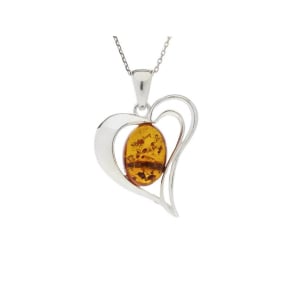 Pendentif coeur avec ambre cognac ovale, en argent rhodié 925, hauteur 2,5+1 cm