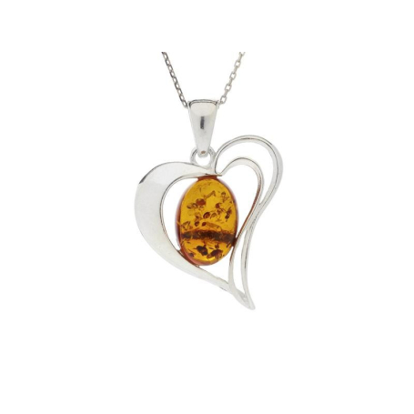 Pendentif coeur avec ambre cognac ovale, en argent rhodié 925, hauteur 2,5+1 cm