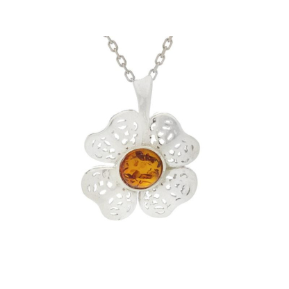 Ciondolo fiore con ambra tonda cognac, in argento 925 rodiato, altezza 1,8 cm