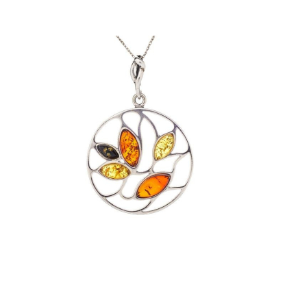 Pendant with natural multi-colored amber from the Baltic Sea oval, rhodium-plated silver