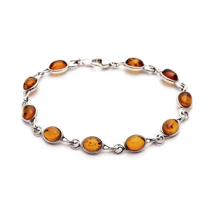Pulseira oval em âmbar conhaque natural, em prata 925 banhada a ródio, comprimento 18 cm
