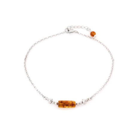 Bratara cu chihlimbar cognac cilindric, din argint 925 rodiu, lungime 23+4 cm