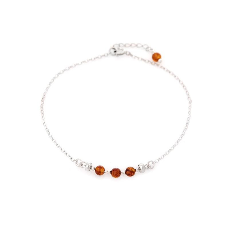 Armband mit cognacfarbener Bernsteinkugel, aus 925 rhodiniertem Silber, Länge 23+4 cm