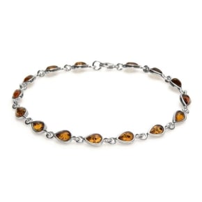 Bracciale con goccia di ambra cognac, in argento 925 rodiato, lunghezza 18 cm
