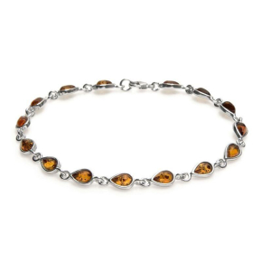 Bracelet with cognac amber drop, in rhodium silver 925, length 18 cm