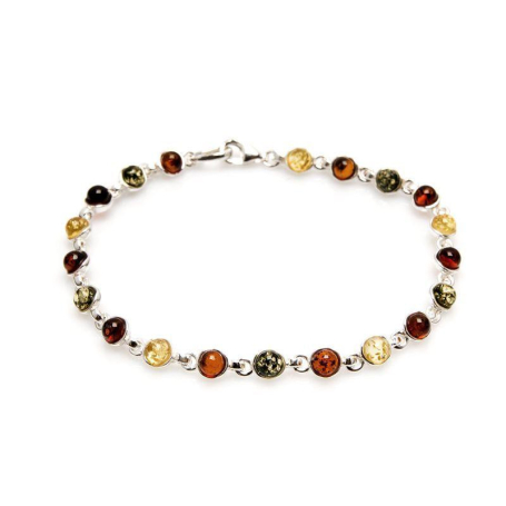 Bracelet with round multi-colored amber, in 925 rhodium silver, length 18 cm