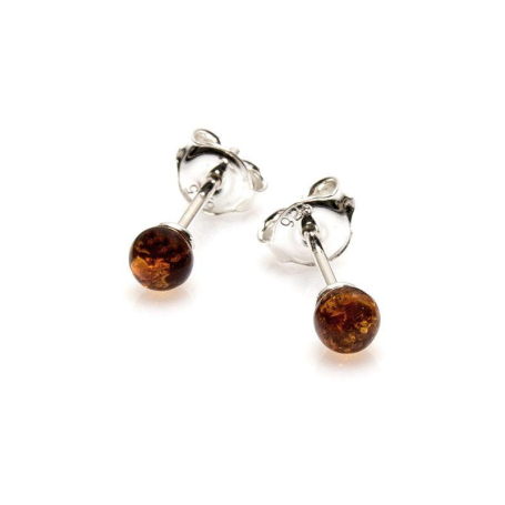 Clous d'oreilles avec ambre cognac de la mer Baltique boule, argent rhodié 925