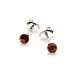 Pendientes con bola de ámbar coñac del Mar Báltico, plata 925 rodiada