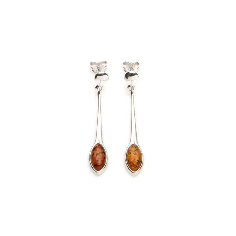 Pendientes largos con ámbar coñac natural, en plata 925 rodiada