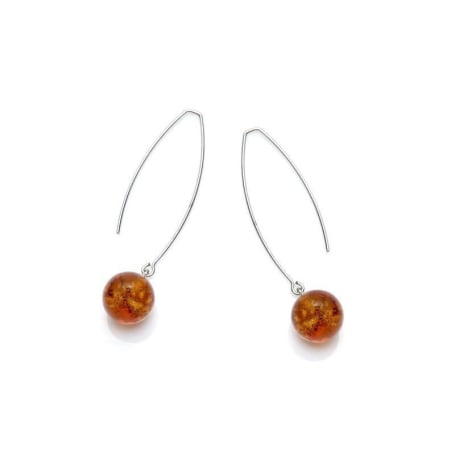 Long earrings with cognac amber ball, in 925 rhodium silver